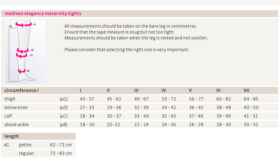 Mediven Elegance Size Chart in inches