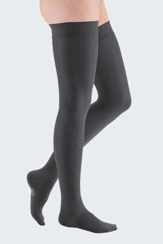 Anthracite thigh length compression stockings CCL1 mediven elegance, standard top band, short length, closed toe