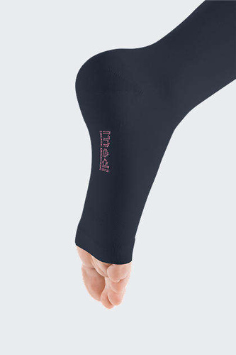 Short, navy blue below knee compression stockings CCL1, open toe mediven elegance