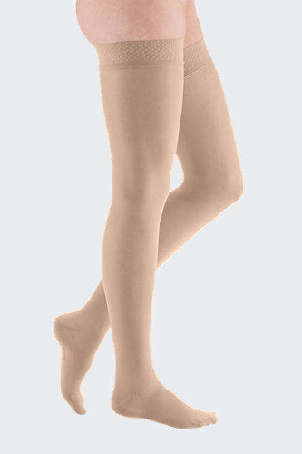 Thigh length compression stocking CCL1 mediven elegance, normal length, closed toe, beige colour, extra wide top band