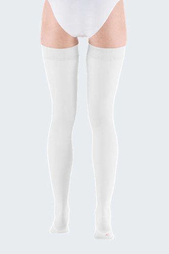 White thigh length compression stockings CCL1 with open toe and extra wide  top band mediven elegance