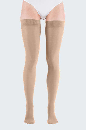 Thigh length compression stocking CCL1 mediven elegance, normal length, closed toe, beige colour, extra wide top band