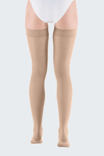 Thigh length compression stocking CCL1 mediven elegance, normal length, closed toe, beige colour, extra wide top band