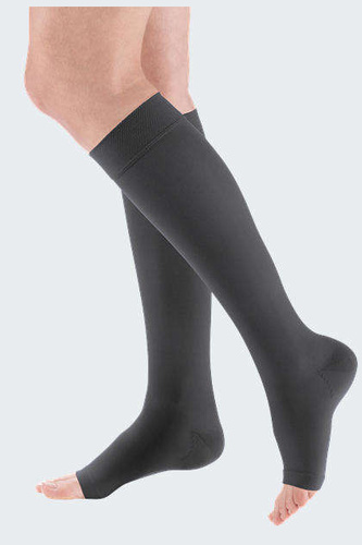 Short below knee compression stockings with open toe CCL1 anthracite mediven elegance